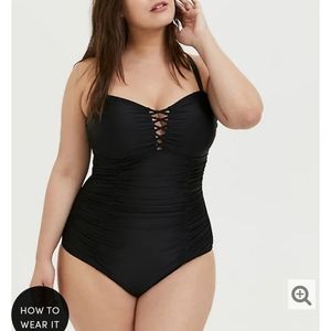 Black Lattice Ruched Wireless One-Piece